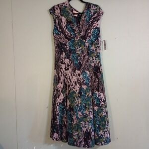 AA Studio AA Womens  Abstract Print V-Neck Sleeveless Midi Dress Teal Green NWT